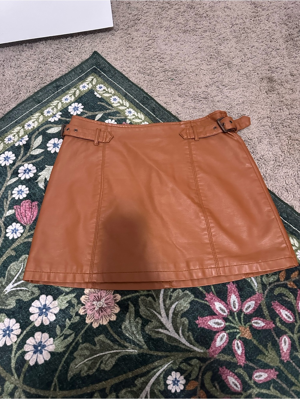 Free People Cognac Faux Leather Belted Mini Skirt
